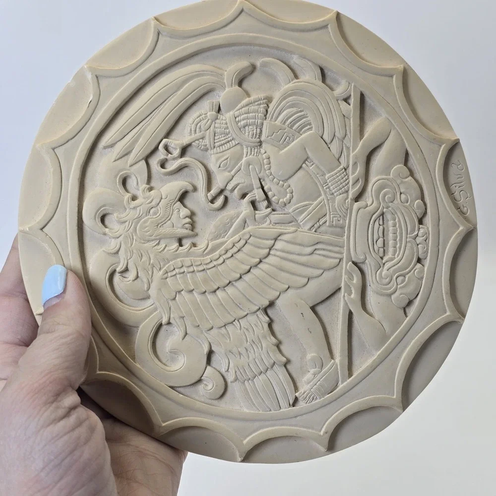 Vintage G. Silva Mayan Aztec Relief Wall Plaque Cast‎ Stone Chalkware Art 6.5